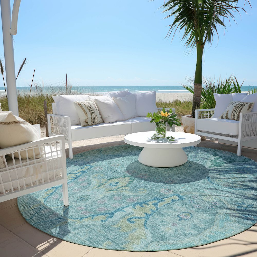 Machine Washable Indoor/Outdoor Chantille Blue 8' x 8' Round Rug. Picture 6