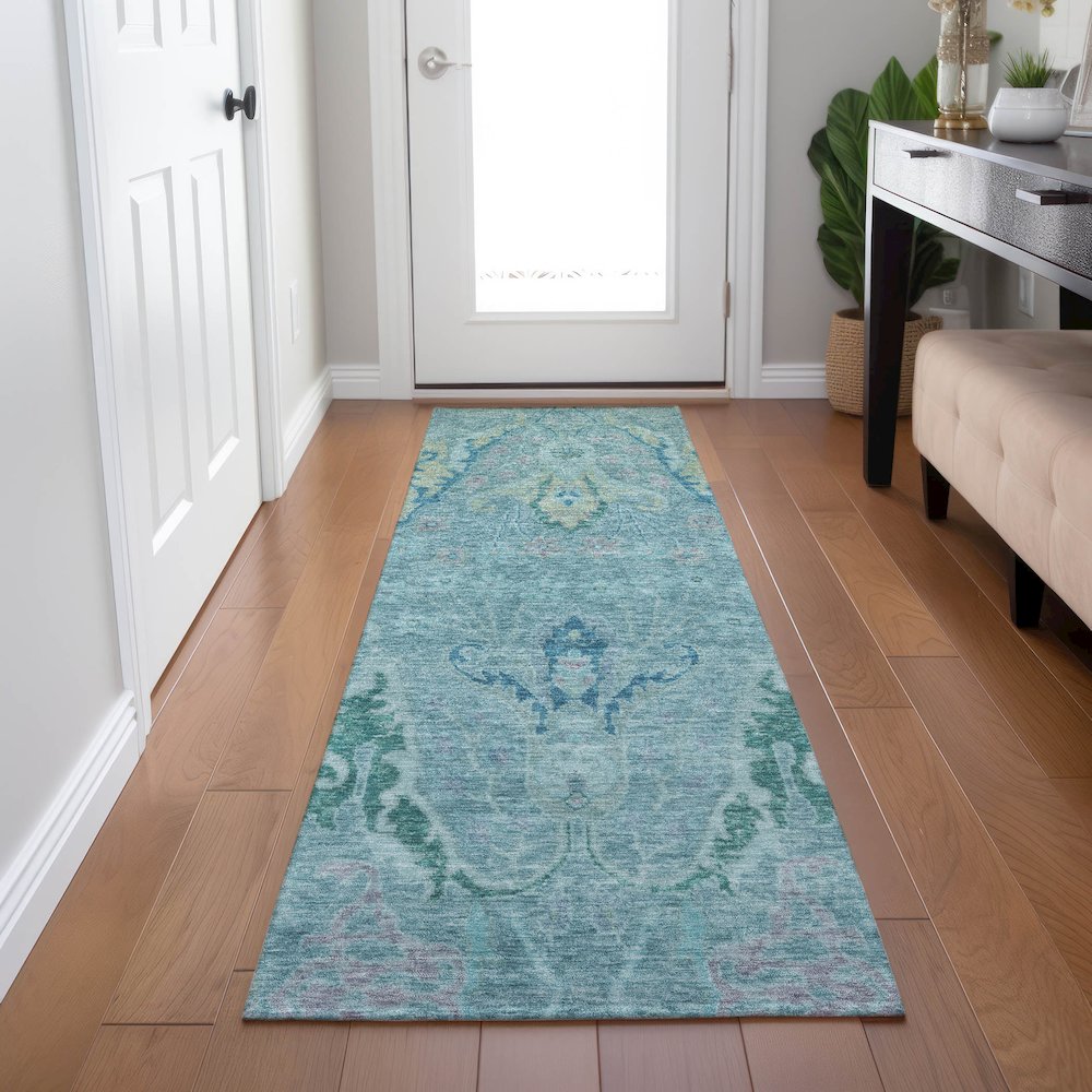 Machine Washable Indoor/Outdoor Chantille Blue 2'3" x 7'6" Runner Rug. Picture 5