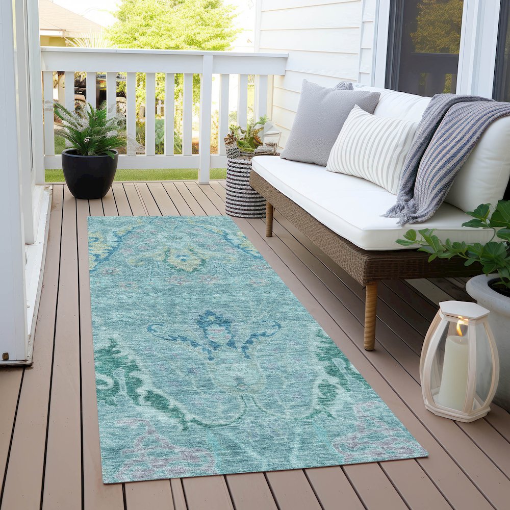 Machine Washable Indoor/Outdoor Chantille Blue 2'3" x 7'6" Runner Rug. Picture 6