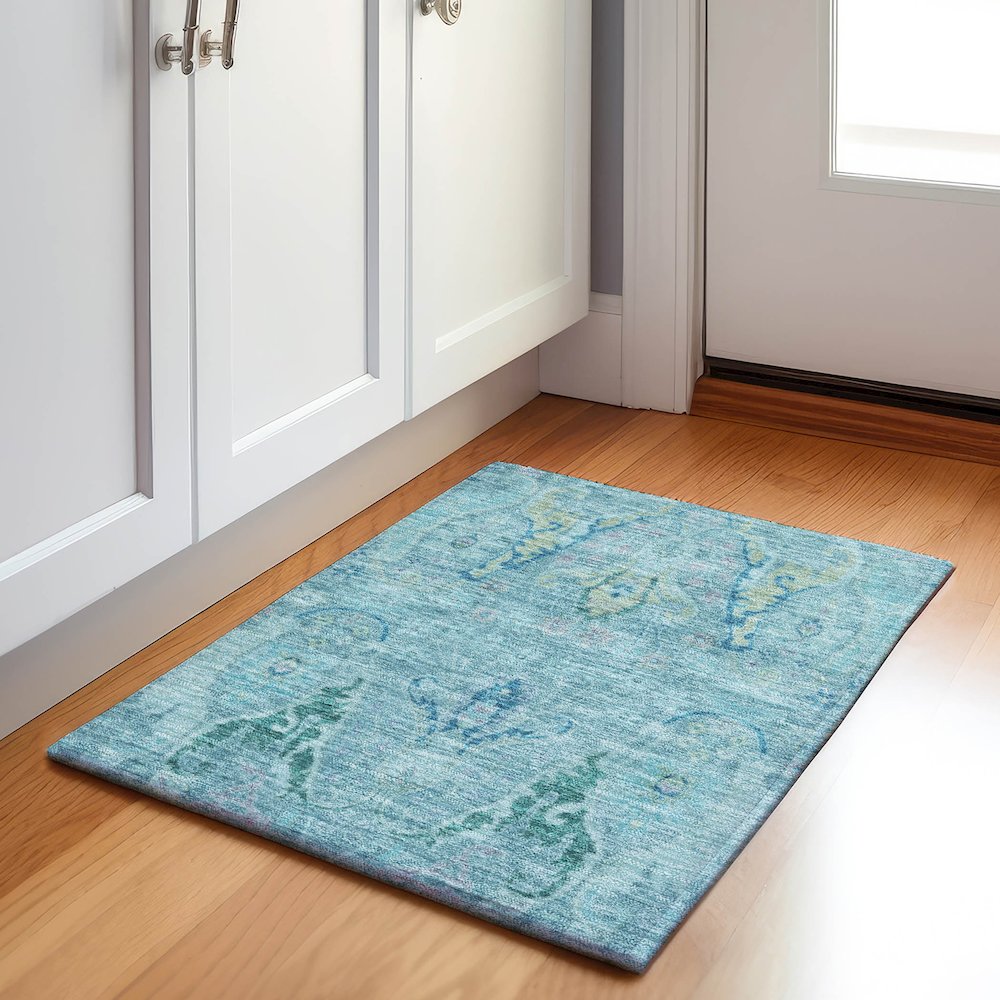 Machine Washable Indoor/Outdoor Chantille Blue 1'8" x 2'6" Rug. Picture 5