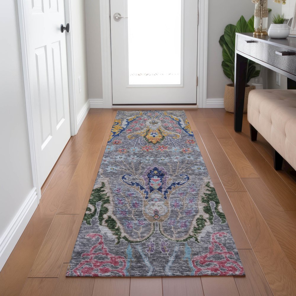 Machine Washable Indoor/Outdoor Chantille Gray 2'3" x 7'6" Runner Rug. Picture 5