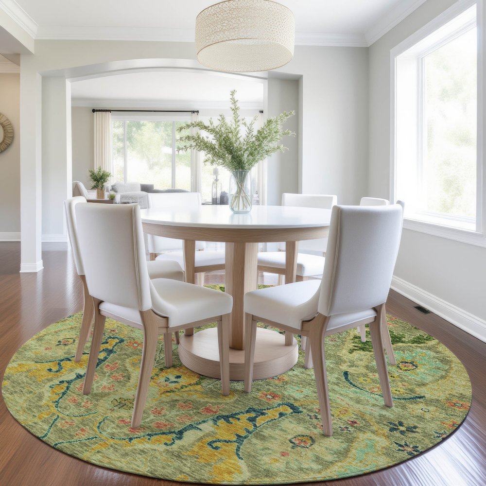 Machine Washable Indoor/Outdoor Chantille Green 8' x 8' Round Rug. Picture 5