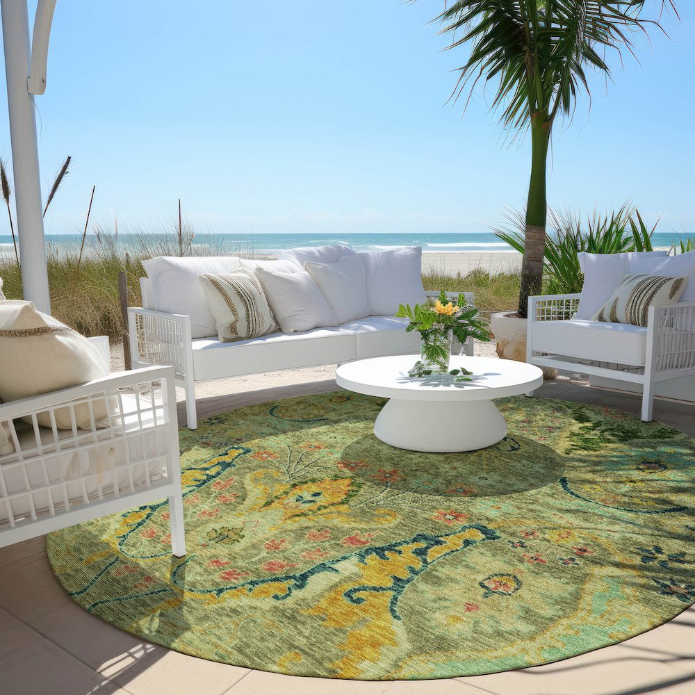 Machine Washable Indoor/Outdoor Chantille Green 8' x 8' Round Rug. Picture 6