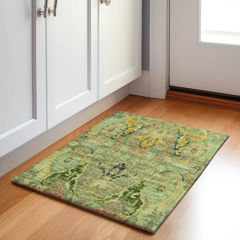 Machine Washable Indoor/Outdoor Chantille Green 1'8" x 2'6" Rug. Picture 5