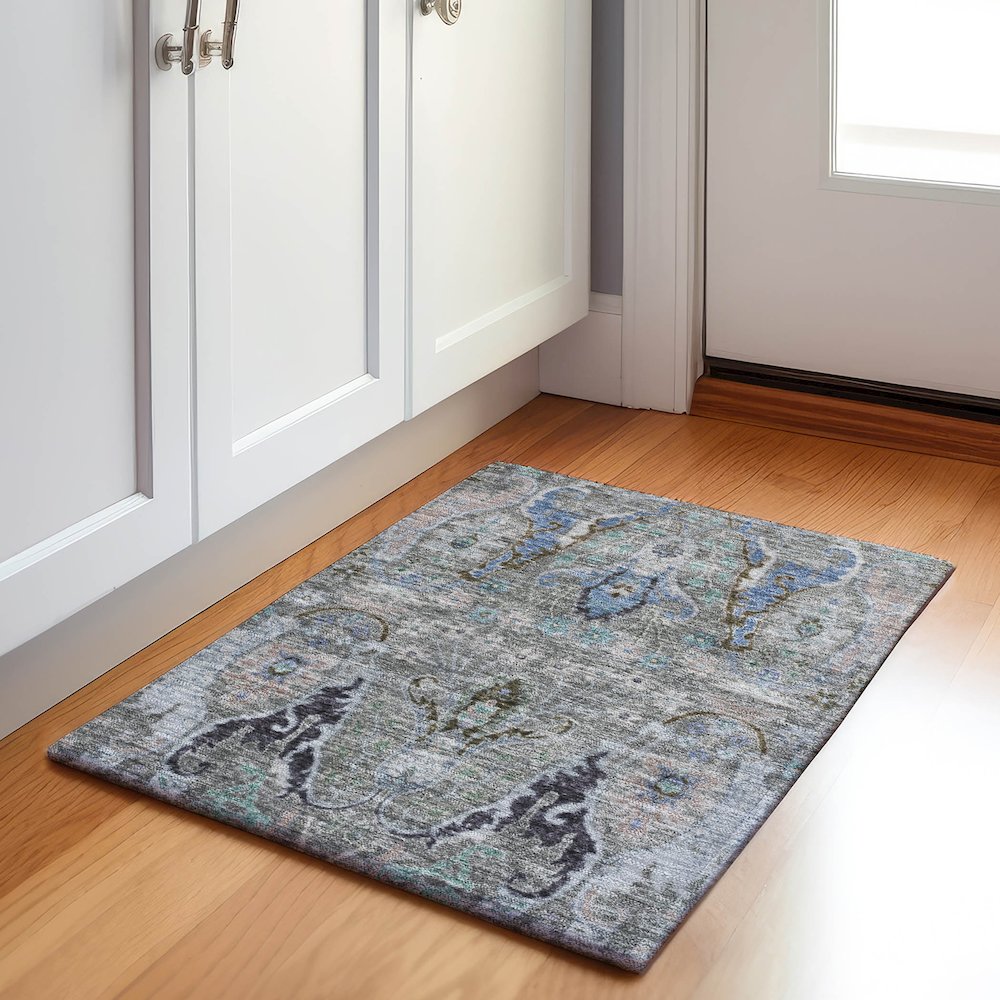 Machine Washable Indoor/Outdoor Chantille Pewter 1'8" x 2'6" Rug. Picture 5