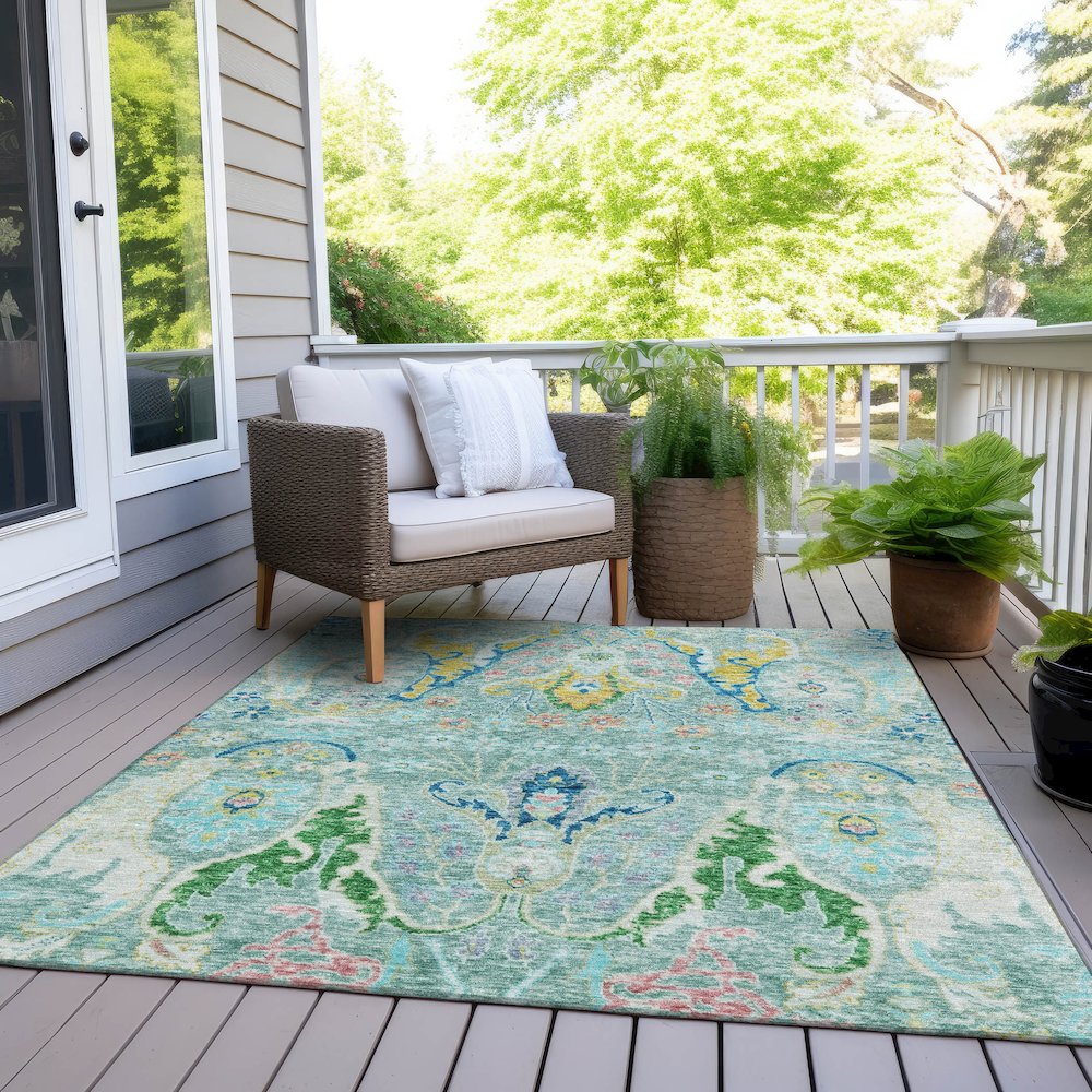 Machine Washable Indoor/Outdoor Chantille Teal 2'6" x 3'10" Rug. Picture 8
