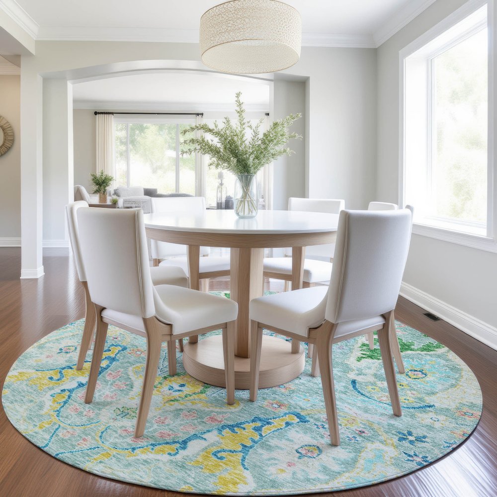 Machine Washable Indoor/Outdoor Chantille Teal 8' x 8' Round Rug. Picture 5