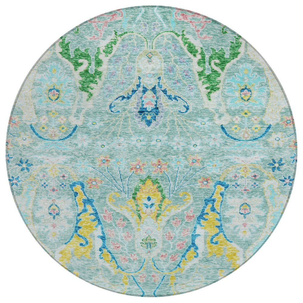 Machine Washable Indoor/Outdoor Chantille Teal 8' x 8' Round Rug. Picture 1