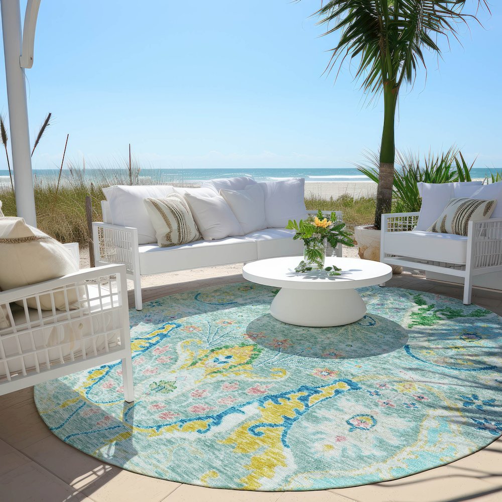 Machine Washable Indoor/Outdoor Chantille Teal 8' x 8' Round Rug. Picture 6