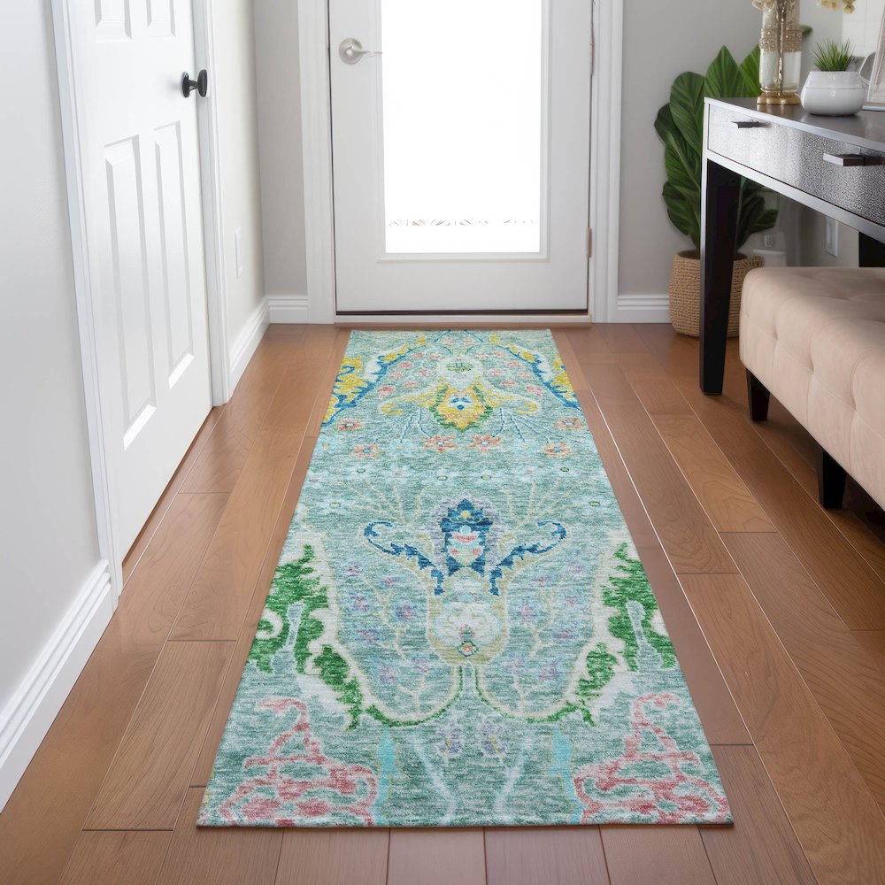 Machine Washable Indoor/Outdoor Chantille Teal 2'3" x 7'6" Runner Rug. Picture 5