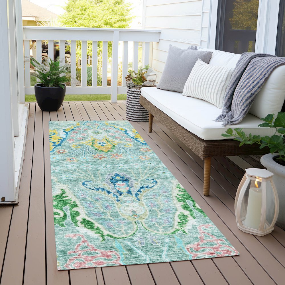 Machine Washable Indoor/Outdoor Chantille Teal 2'3" x 7'6" Runner Rug. Picture 6