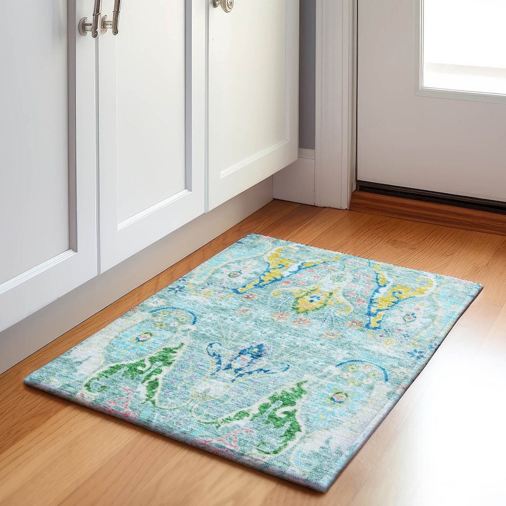 Machine Washable Indoor/Outdoor Chantille Teal 1'8" x 2'6" Rug. Picture 5
