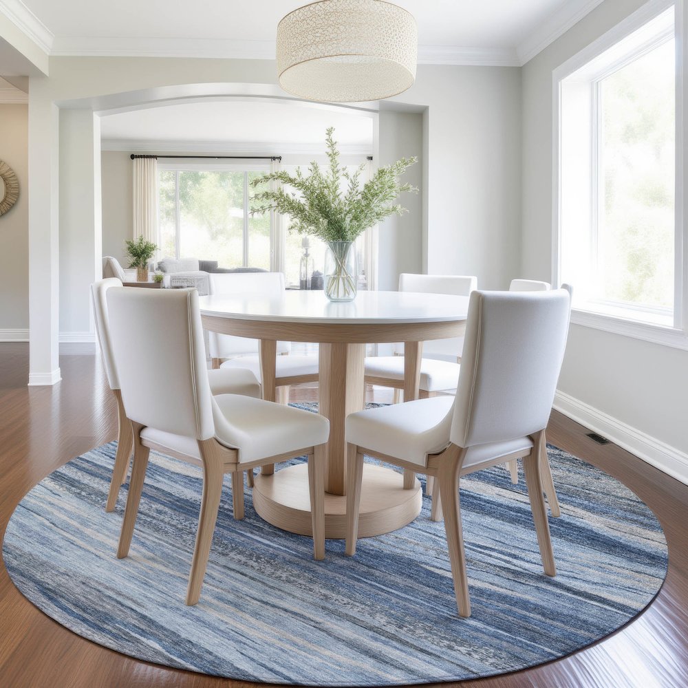 Machine Washable Indoor/Outdoor Chantille Blue 8' x 8' Round Rug. Picture 5