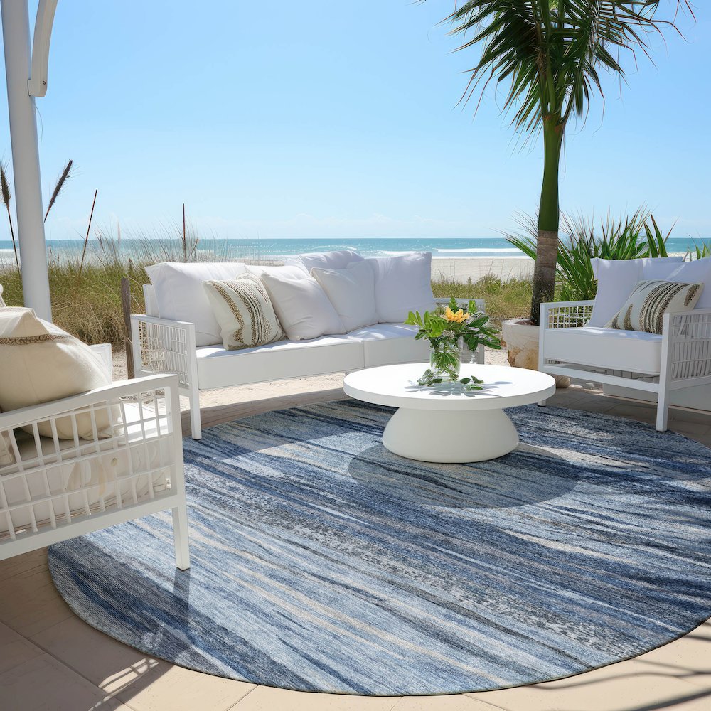 Machine Washable Indoor/Outdoor Chantille Blue 8' x 8' Round Rug. Picture 6