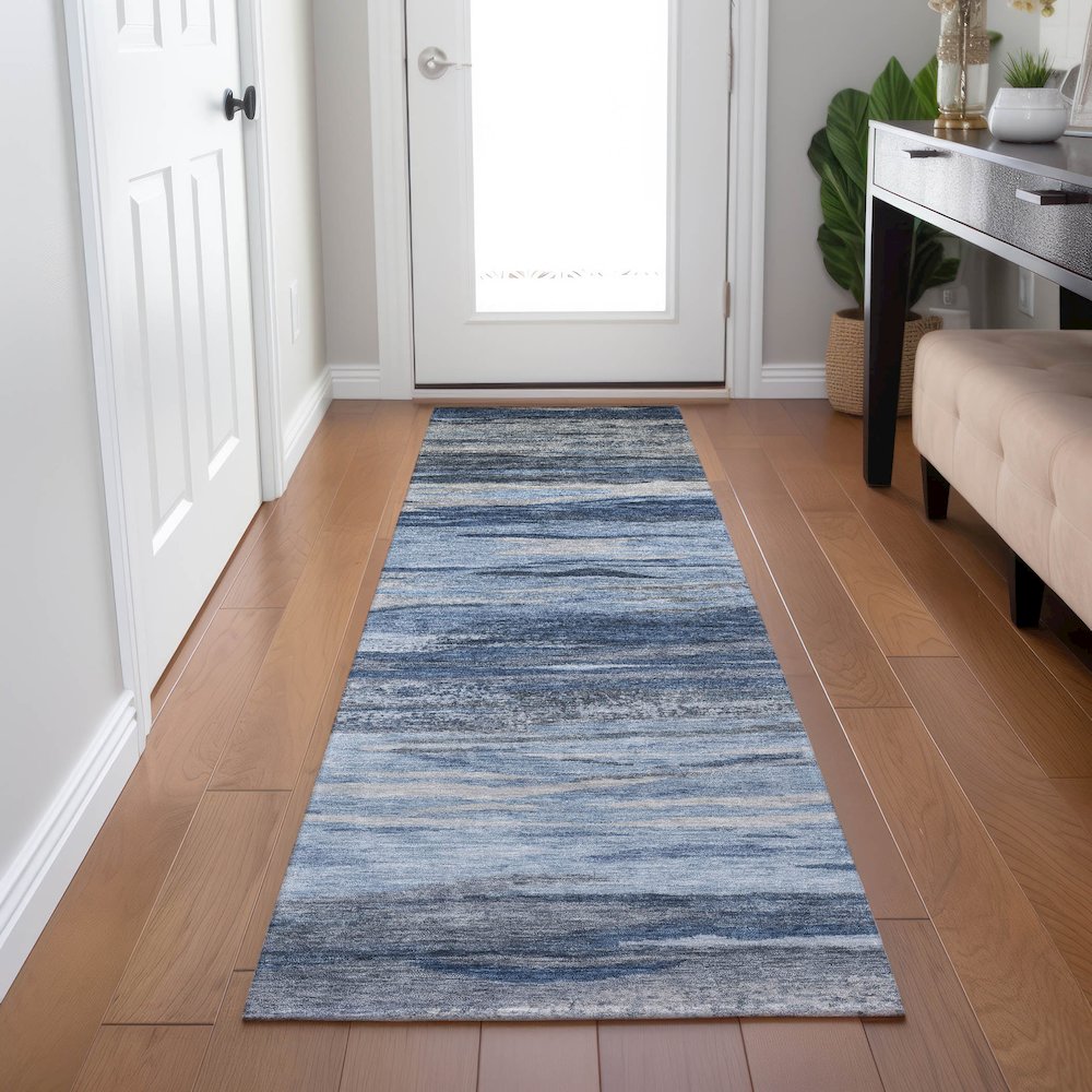 Machine Washable Indoor/Outdoor Chantille Blue 2'3" x 7'6" Runner Rug. Picture 5