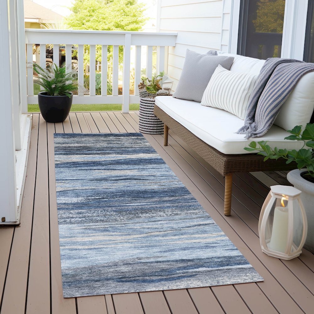 Machine Washable Indoor/Outdoor Chantille Blue 2'3" x 7'6" Runner Rug. Picture 6