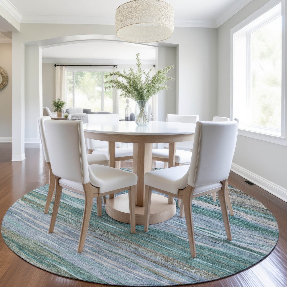 Machine Washable Indoor/Outdoor Chantille Teal 8' x 8' Round Rug. Picture 5