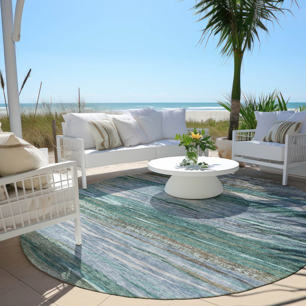 Machine Washable Indoor/Outdoor Chantille Teal 8' x 8' Round Rug. Picture 6