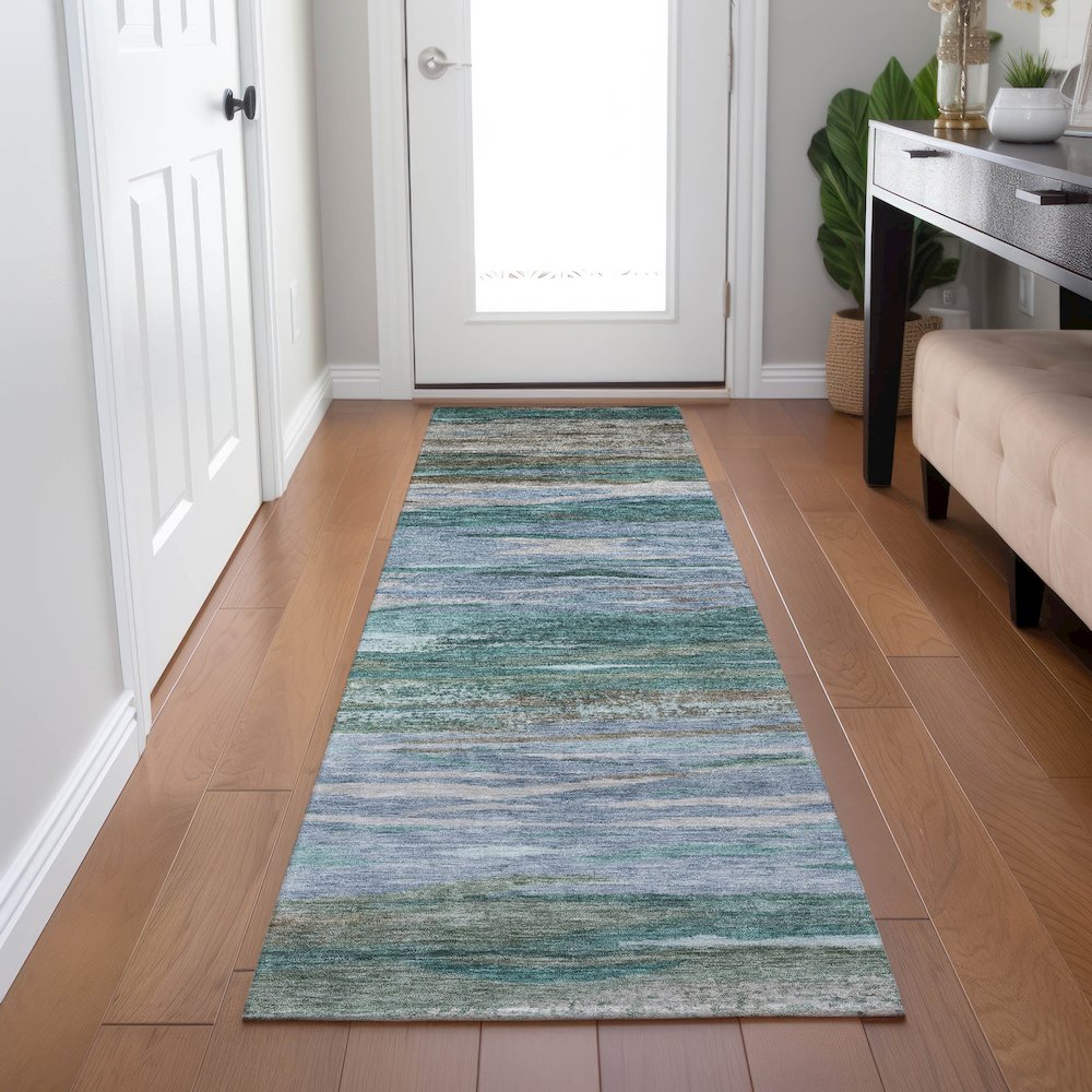 Machine Washable Indoor/Outdoor Chantille Teal 2'3" x 7'6" Runner Rug. Picture 5