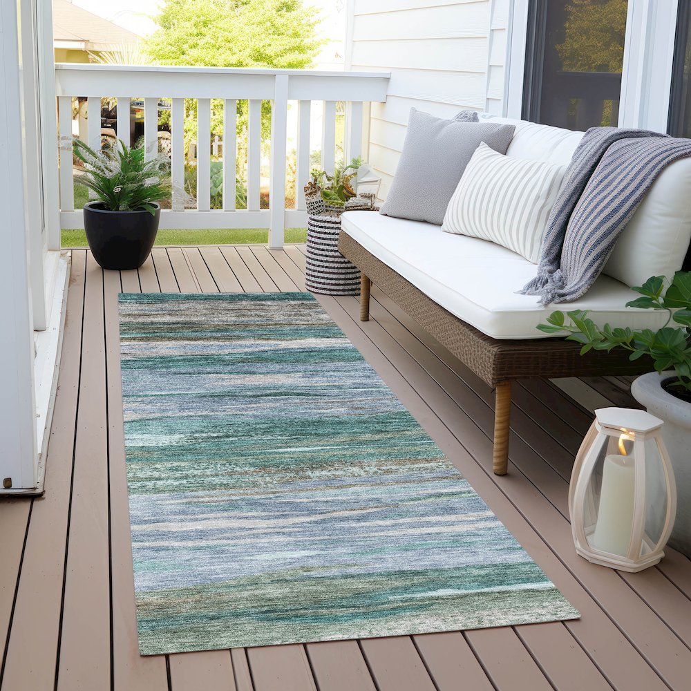 Machine Washable Indoor/Outdoor Chantille Teal 2'3" x 7'6" Runner Rug. Picture 6