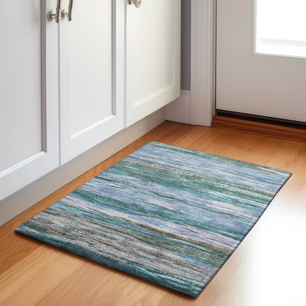 Machine Washable Indoor/Outdoor Chantille Teal 1'8" x 2'6" Rug. Picture 5