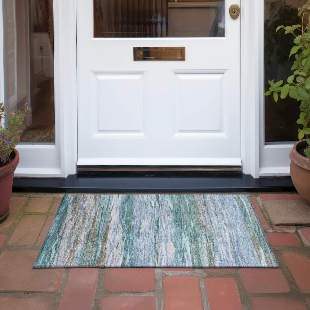 Machine Washable Indoor/Outdoor Chantille Teal 1'8" x 2'6" Rug. Picture 6