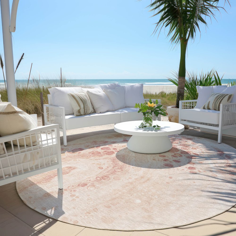Machine Washable Indoor/Outdoor Chantille Salmon 8' x 8' Round Rug. Picture 6