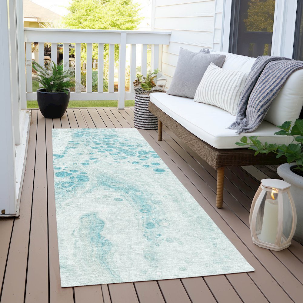 Machine Washable Indoor/Outdoor Chantille Teal 2'3" x 7'6" Runner Rug. Picture 6