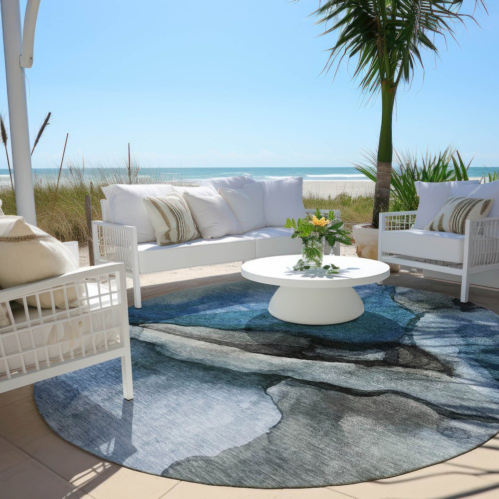 Machine Washable Indoor/Outdoor Chantille Blue 8' x 8' Round Rug. Picture 6