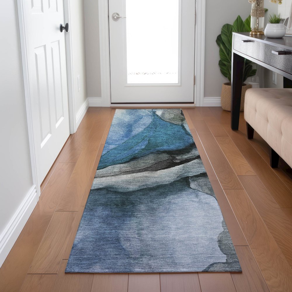 Machine Washable Indoor/Outdoor Chantille Blue 2'3" x 7'6" Runner Rug. Picture 5