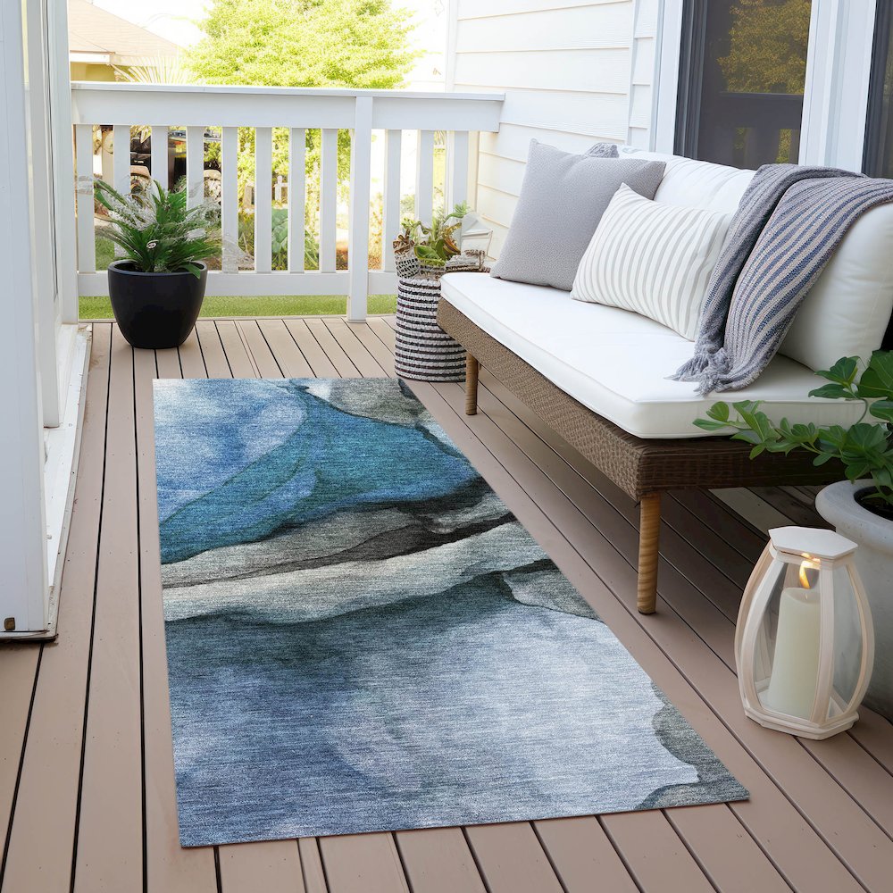 Machine Washable Indoor/Outdoor Chantille Blue 2'3" x 7'6" Runner Rug. Picture 6