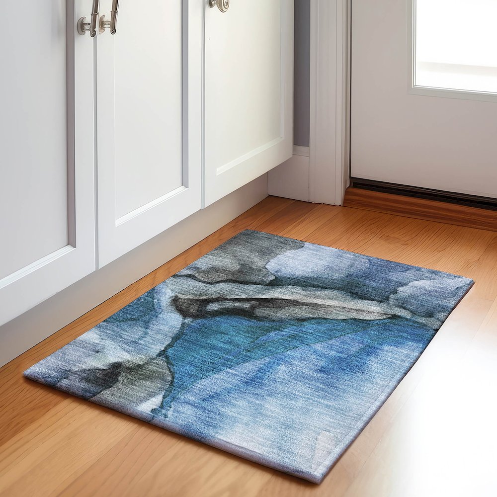 Machine Washable Indoor/Outdoor Chantille Blue 1'8" x 2'6" Rug. Picture 5