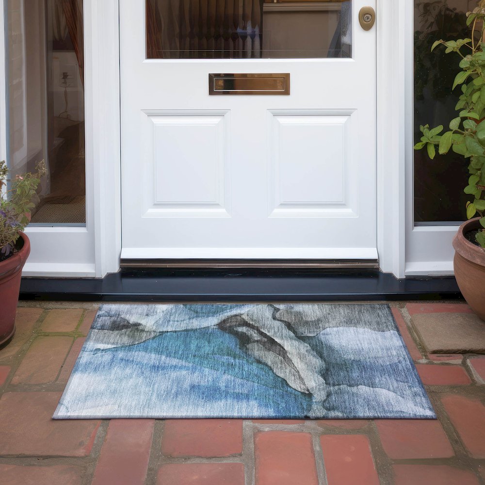 Machine Washable Indoor/Outdoor Chantille Blue 1'8" x 2'6" Rug. Picture 6