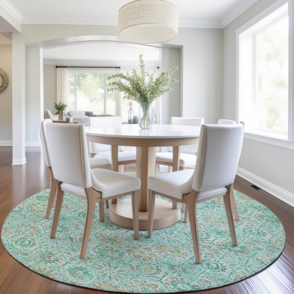 Machine Washable Indoor/Outdoor Chantille Aqua 8' x 8' Round Rug. Picture 5