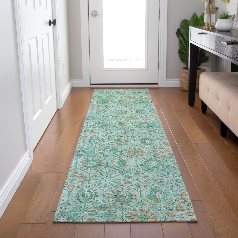Machine Washable Indoor/Outdoor Chantille Aqua 2'3" x 7'6" Runner Rug. Picture 5