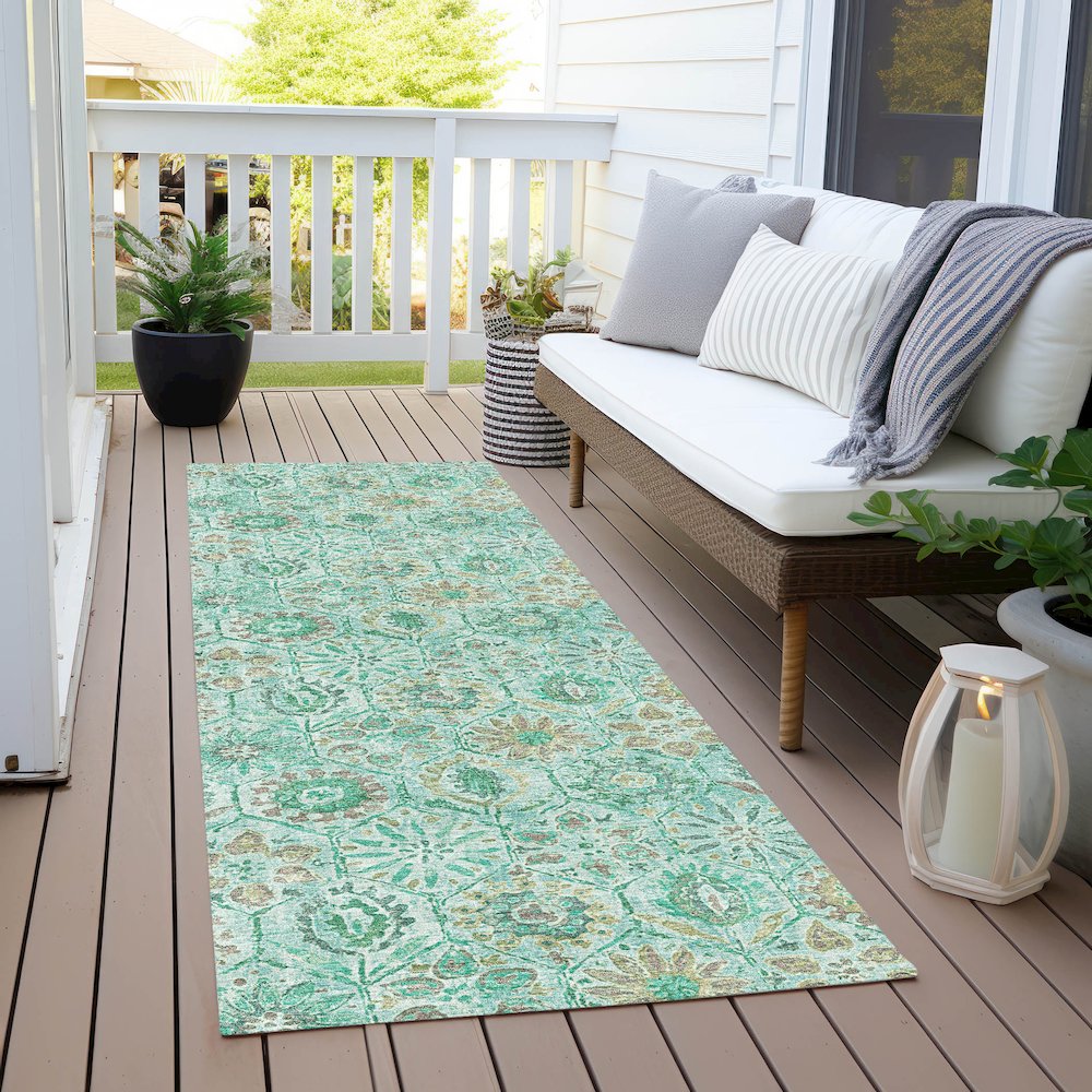 Machine Washable Indoor/Outdoor Chantille Aqua 2'3" x 7'6" Runner Rug. Picture 6