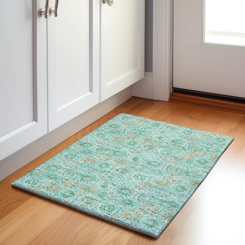 Machine Washable Indoor/Outdoor Chantille Aqua 1'8" x 2'6" Rug. Picture 5