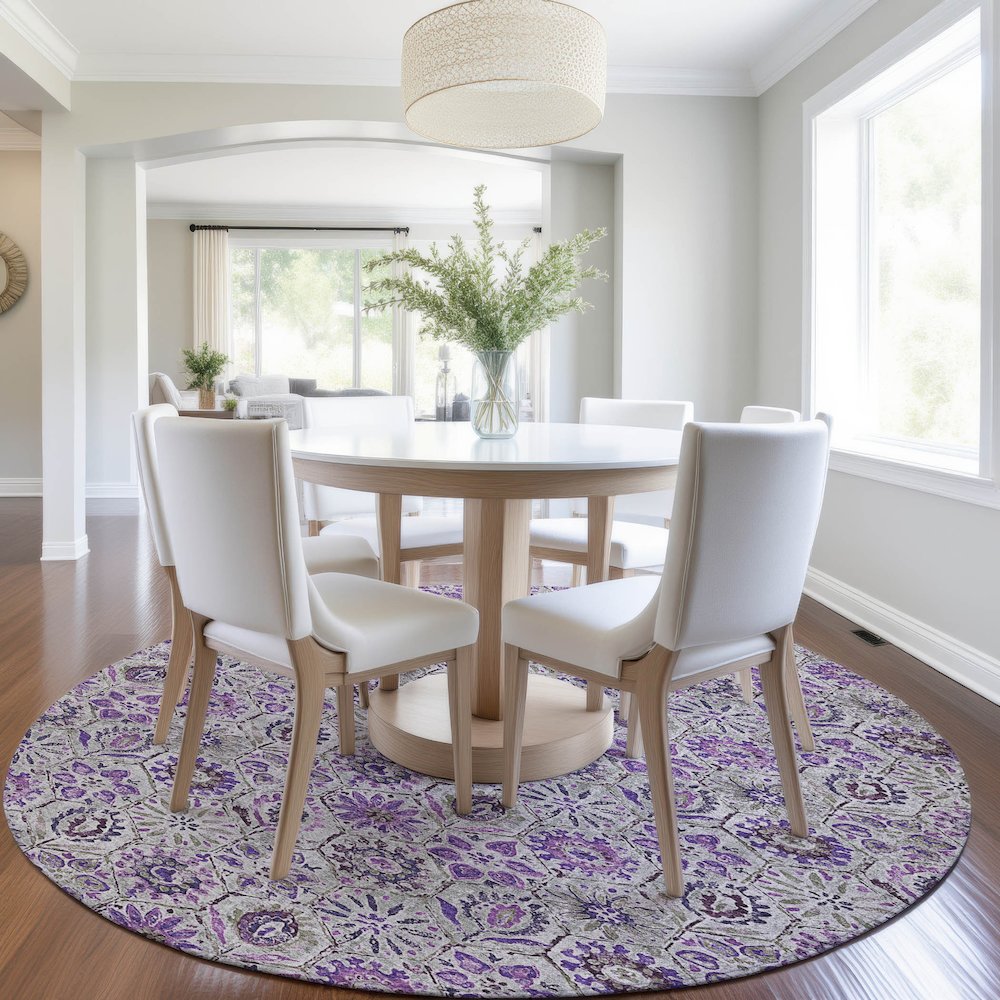 Machine Washable Indoor/Outdoor Chantille Purple 8' x 8' Round Rug. Picture 5