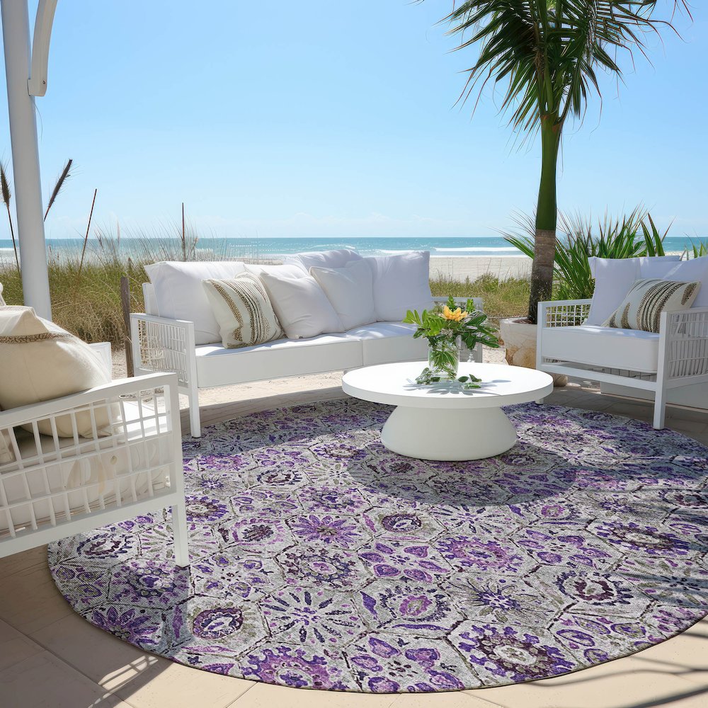 Machine Washable Indoor/Outdoor Chantille Purple 8' x 8' Round Rug. Picture 6