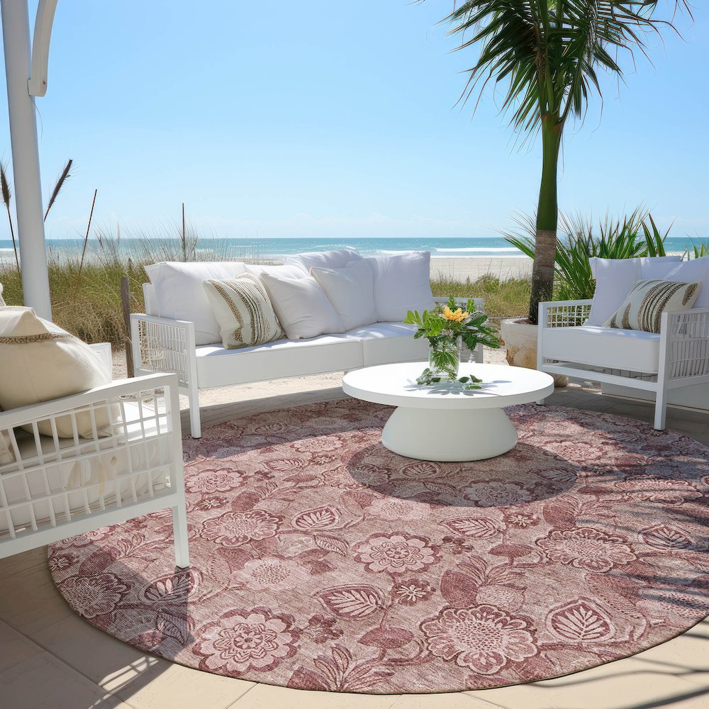 Machine Washable Indoor/Outdoor Chantille Blush 8' x 8' Round Rug. Picture 6