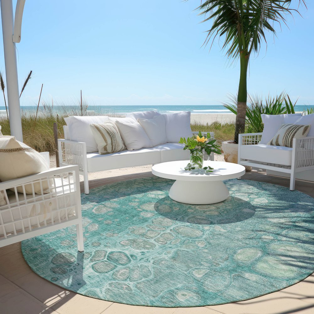 Machine Washable Indoor/Outdoor Chantille Aqua 8' x 8' Round Rug. Picture 6