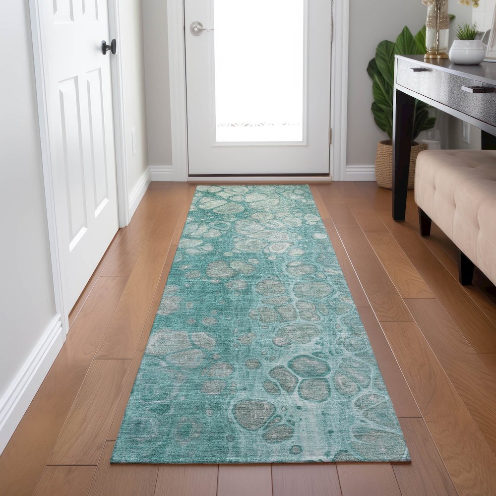 Machine Washable Indoor/Outdoor Chantille Aqua 2'3" x 7'6" Runner Rug. Picture 5