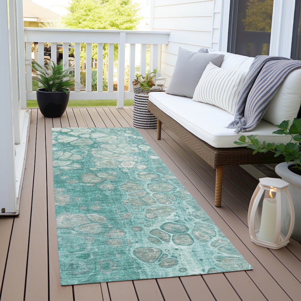 Machine Washable Indoor/Outdoor Chantille Aqua 2'3" x 7'6" Runner Rug. Picture 6