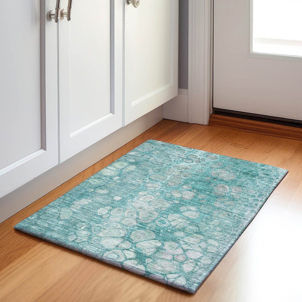 Machine Washable Indoor/Outdoor Chantille Aqua 1'8" x 2'6" Rug. Picture 5