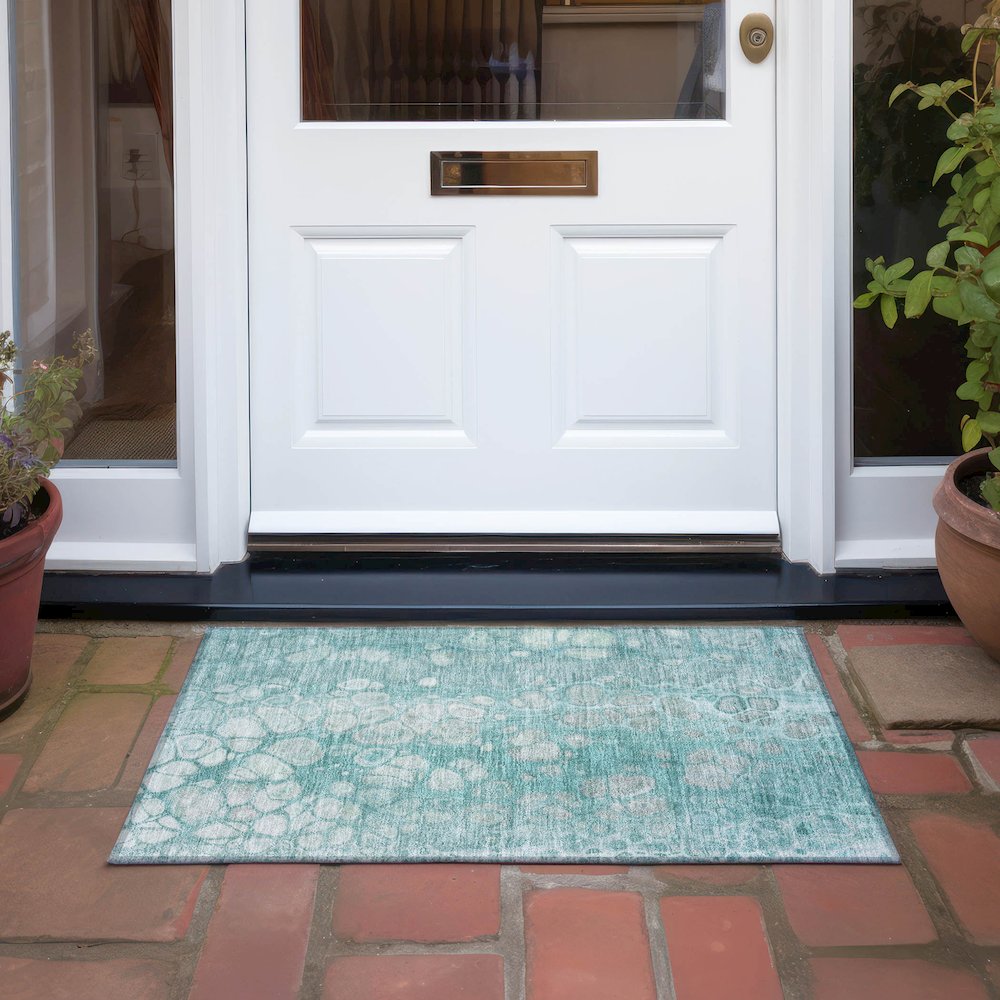 Machine Washable Indoor/Outdoor Chantille Aqua 1'8" x 2'6" Rug. Picture 6