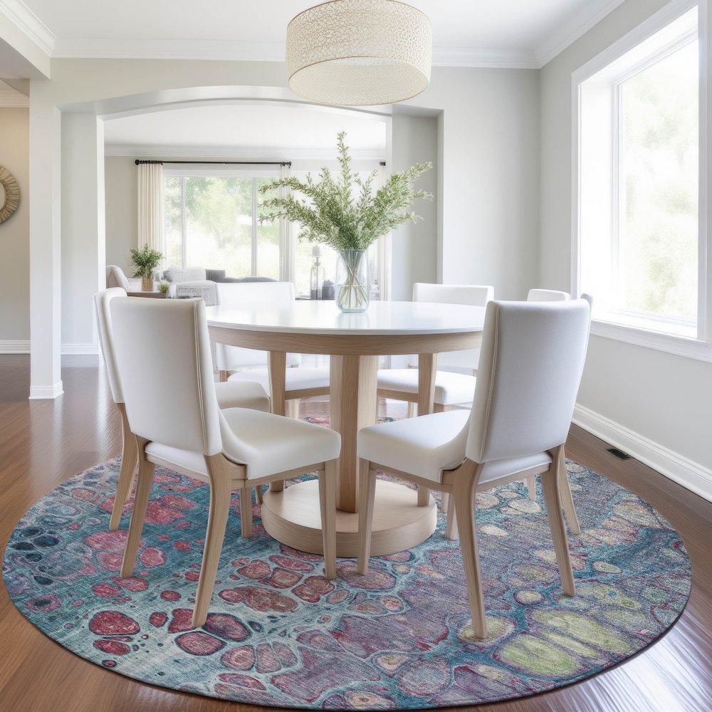 Machine Washable Indoor/Outdoor Chantille Teal 8' x 8' Round Rug. Picture 5