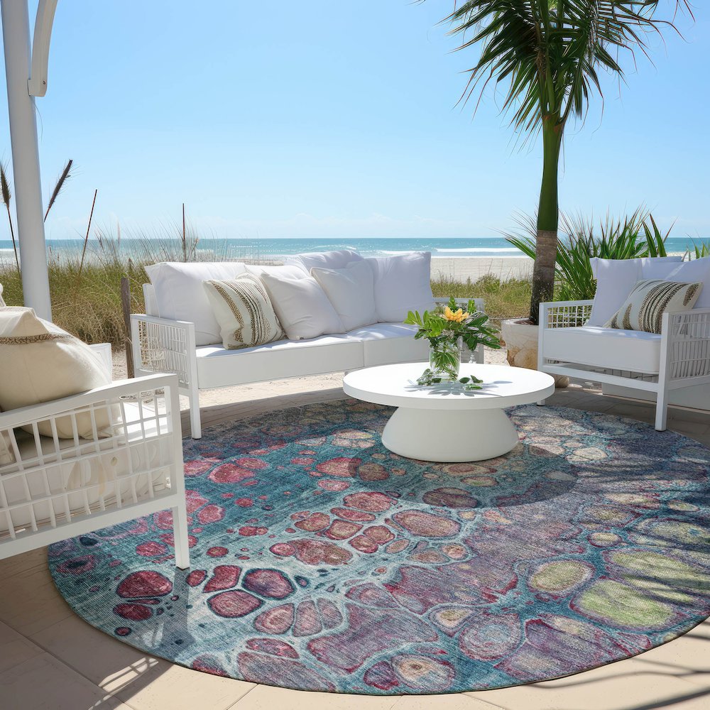 Machine Washable Indoor/Outdoor Chantille Teal 8' x 8' Round Rug. Picture 6