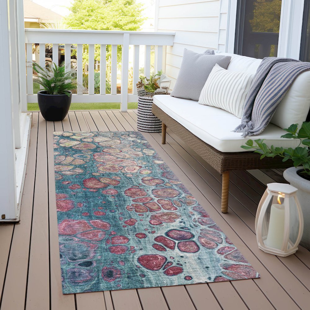 Machine Washable Indoor/Outdoor Chantille Teal 2'3" x 7'6" Runner Rug. Picture 6