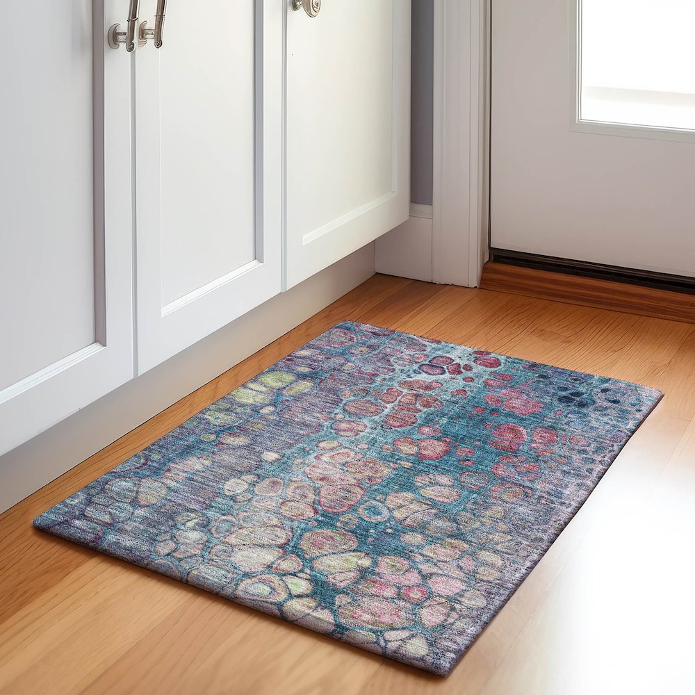 Machine Washable Indoor/Outdoor Chantille Teal 1'8" x 2'6" Rug. Picture 5