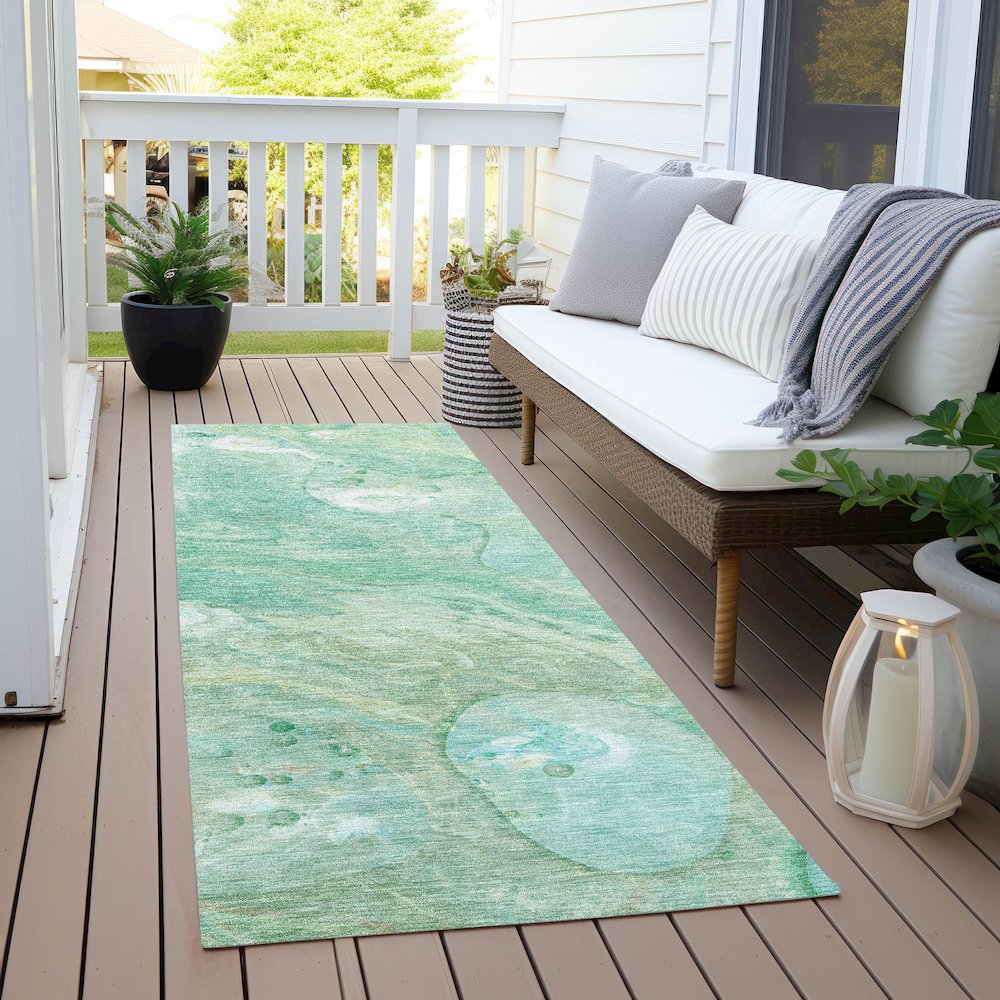 Machine Washable Indoor/Outdoor Chantille Teal 2'3" x 7'6" Runner Rug. Picture 6